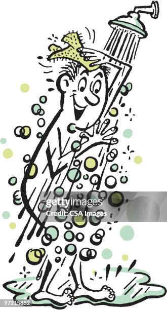 man taking a shower - bathroom routine stock illustrations