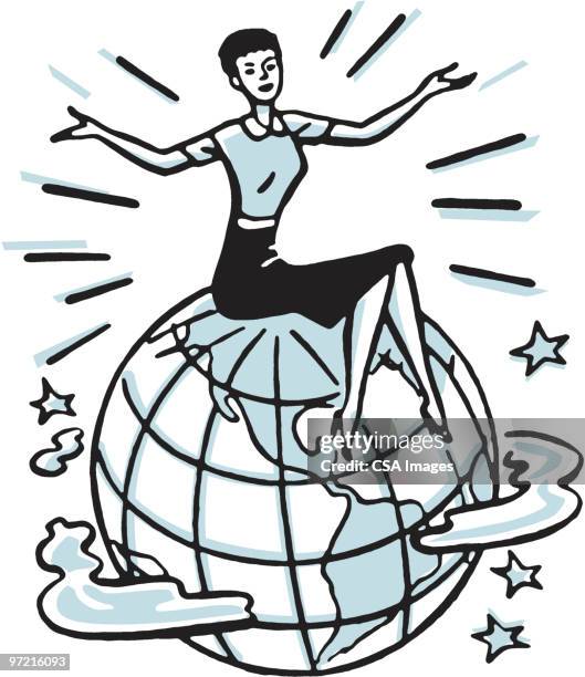 illustrations, cliparts, dessins animés et icônes de woman sitting on top of the world - on top of the world