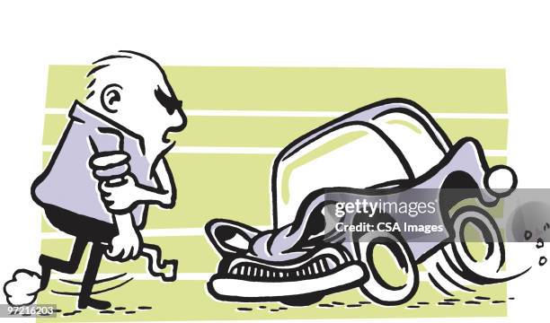 man v. car - stubborn stock illustrations