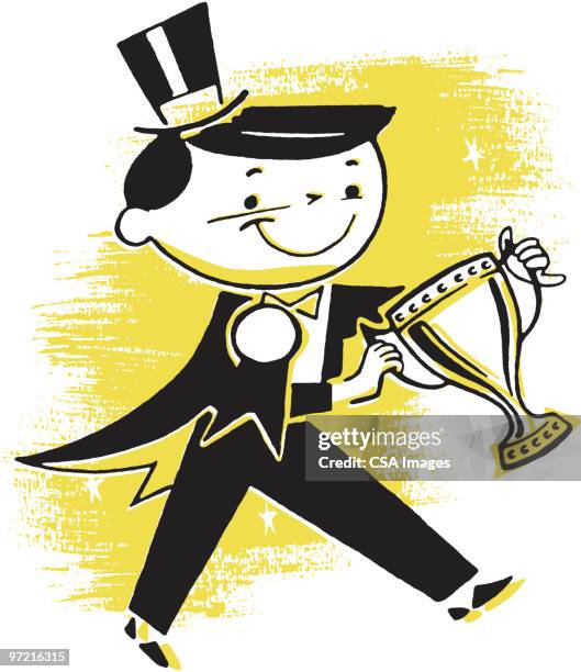 illustrazioni stock, clip art, cartoni animati e icone di tendenza di boy with trophy - cappello a cilindro illustrazioni
