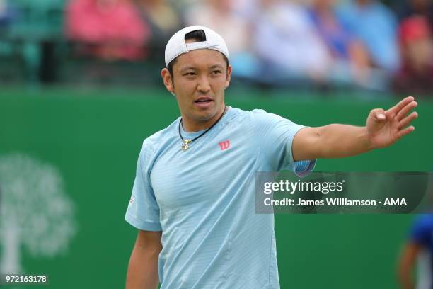 Tatsuma Ito of Japan during Day 4 of the Nature Valley open at Nottingham Tennis Centre on June 12, 2018 in Nottingham, England.