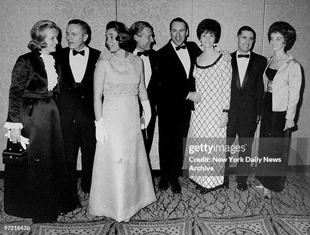 Susan and Frank Borman, Mrs. And Gov. Rockefeller, Jim and Marilyn Lovell, and Bill and Valerie Anders at the Waldorf-Astoria for a celebration in...