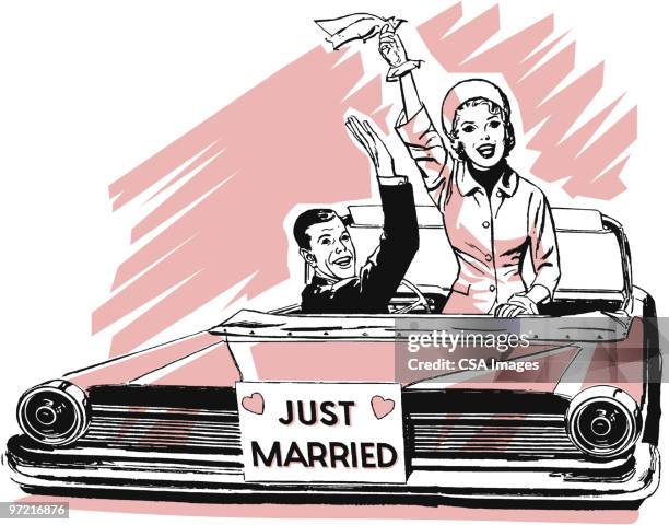 just married - couple with car stock illustrations