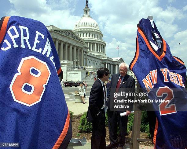 Press conference was held at the House triangle on alleged sweatshop manufacture of NBA goods. Knick jerseys allegedly purchased at the NBA store in...