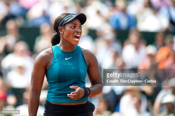 June 9. French Open Tennis Tournament - Day Twelve. Sloane Stephens of the United States reacts during her loss against Simona Halep of Romania on...