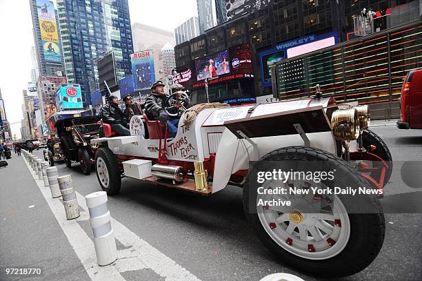 Thomas Flyer leads a pack of classic autos into Times Square for a recreation of the starting line from the 1908 Great Race. This year marks the...