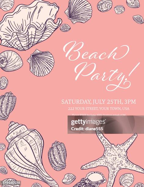 seashells border with a beach party invitation template - purple starfish stock illustrations
