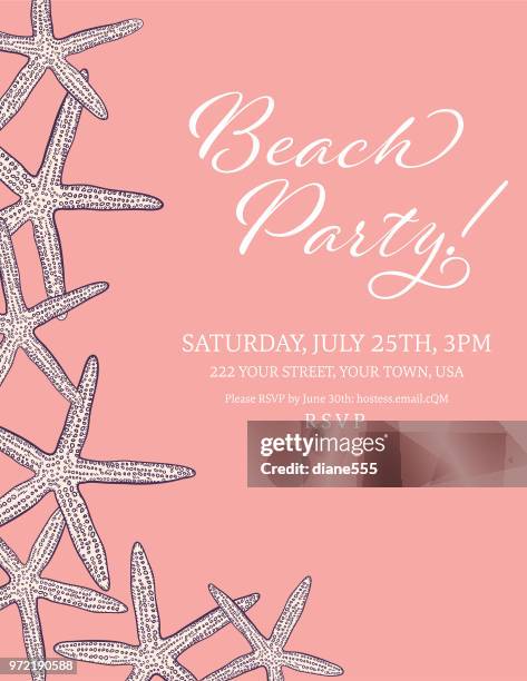 seashells border with a beach party invitation template - purple starfish stock illustrations