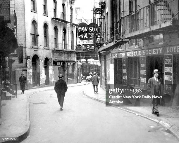 View of Chinatown, much smaller in 1935. Only about 4,000 Chinese lived on Mott Street and a few other narrow ones between Canal and Worth Streets at...