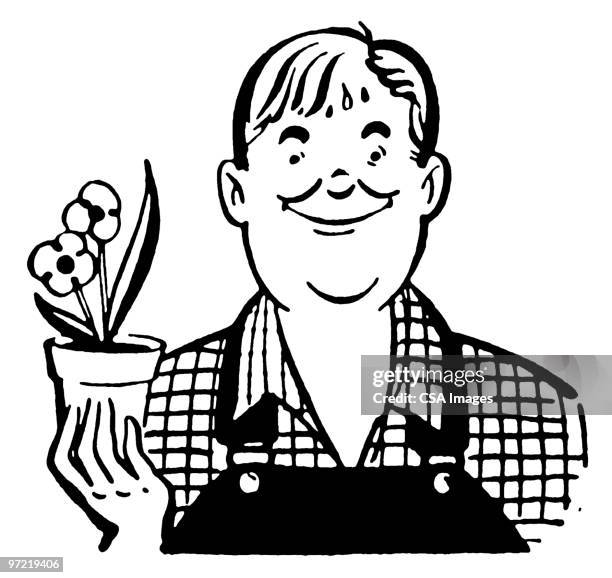 man with flower - impatience flowers stock-grafiken, -clipart, -cartoons und -symbole