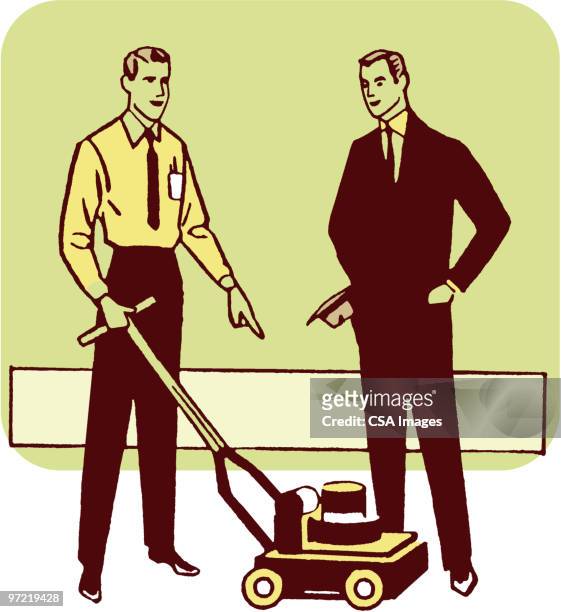 men with lawnmower - lawn mower stock illustrations