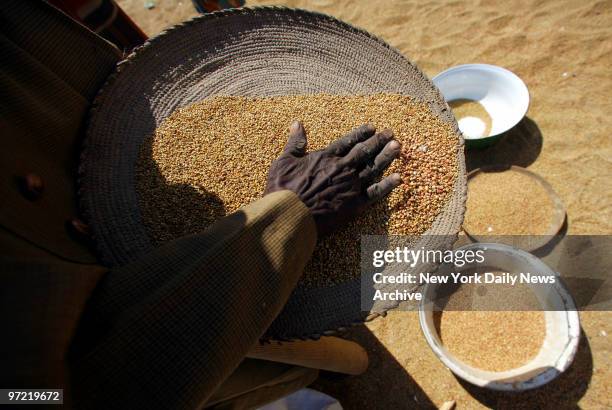 Woman at a World Food Programme station separates millet from sorghum that was mixed together when rebel bandits raided the warehouse while attacking...