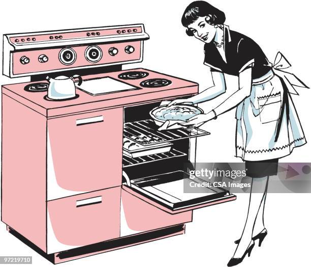 illustrations, cliparts, dessins animés et icônes de woman in kitchen - femme et tablier