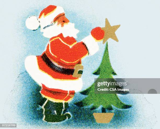 santa puts the star on the tree - traditional wedding cake topper stock illustrations