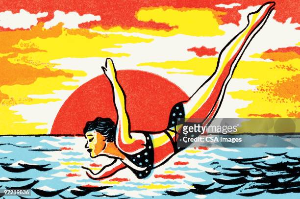 illustrazioni stock, clip art, cartoni animati e icone di tendenza di woman in bikini diving - tuffarsi