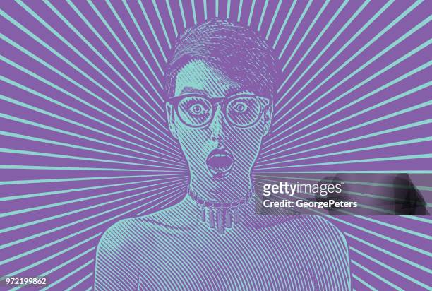 stockillustraties, clipart, cartoons en iconen met vrouw met geschokt gelaatsuitdrukking - straling