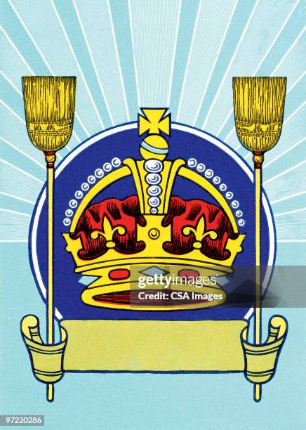 crown with broom scroll - throne stock illustrations