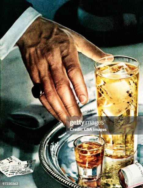 man reaching for drink - shot glass stock illustrations
