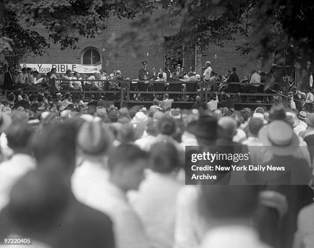 Crowd watches the proceedings as Clarence Darrow questions William Jennings Bryan on the witness stand during an outdoor session of the trial of John...