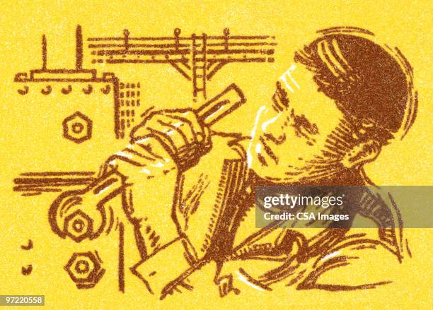 man using a wrench - plumber tools stock illustrations