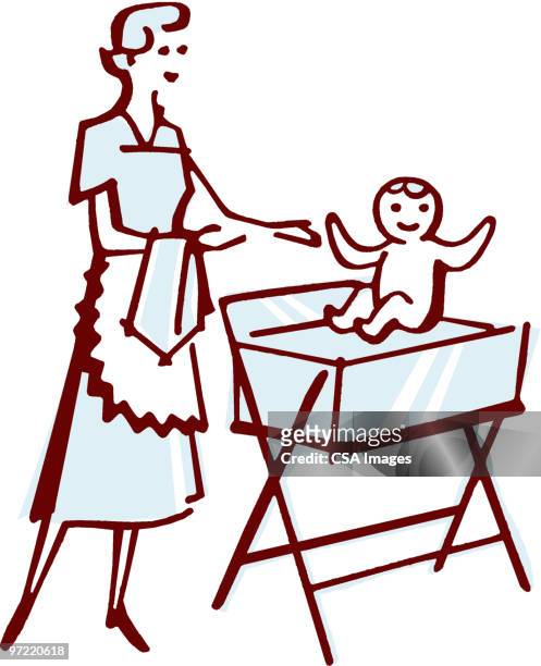 mother and child - babybett krankenhaus stock-grafiken, -clipart, -cartoons und -symbole