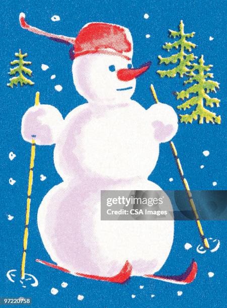 snowman on skies - schneemann stock-grafiken, -clipart, -cartoons und -symbole