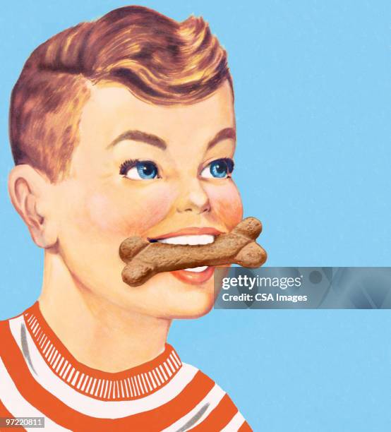 boy with dog treat in mouth - teenager stock illustrations