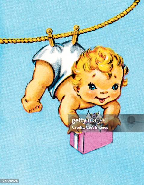 baby pinned on a clothesline - baby clothing stock illustrations