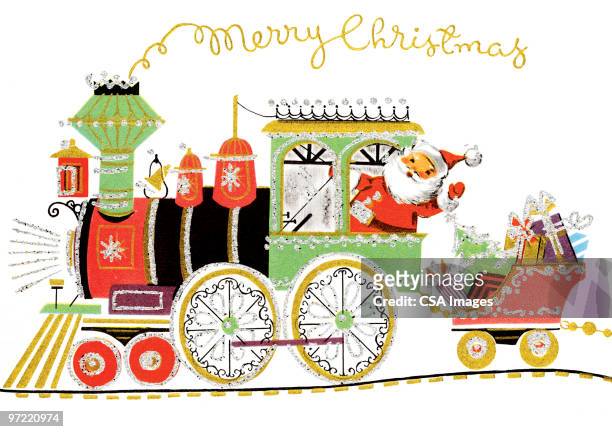 santa on a train - railway track stock illustrations
