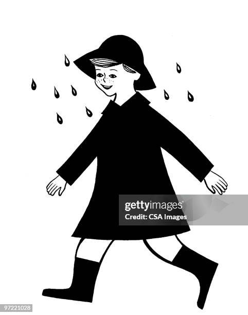 boy walking in rain - raincoat stock illustrations