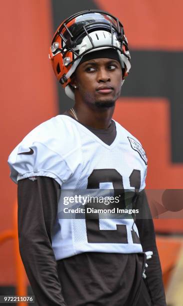 Defensive back Denzel Ward of the Cleveland Browns watches drills during an OTA practice on May 30, 2018 at the Cleveland Browns training facility in...