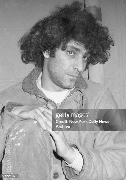 Abbie Hoffman, looking tired after spending Saturday in Federal Court, where he answered an indictment for conspiracy to riot during the Democratic...