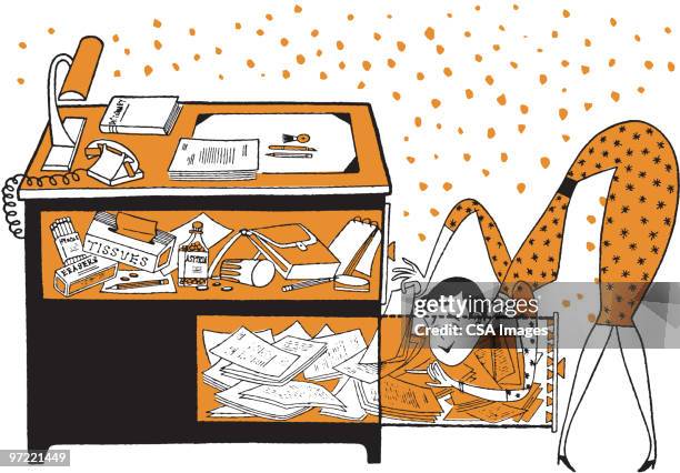 woman looking in desk - clutter stock illustrations