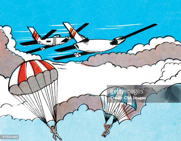 ilustraciones, imágenes clip art, dibujos animados e iconos de stock de escape plan - paracaídas