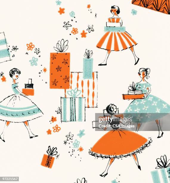 girls in dresses pattern - gift exchange stock illustrations