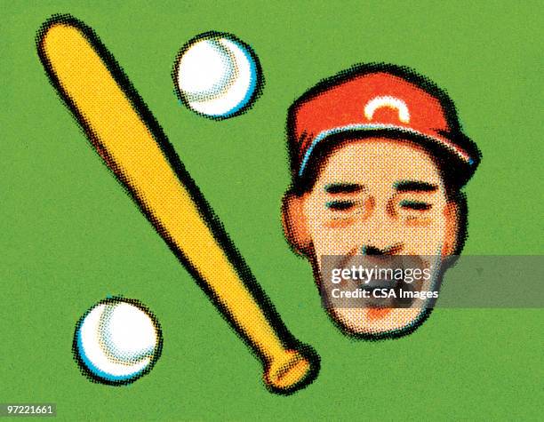 baseball player, bat, and balls - baseball ball stock illustrations