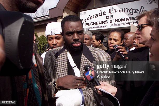 Abner Louima is on hand at meeting of Haitian community leaders at the Evangelical Crusade of Fishers of Men in Brooklyn. Group announced a Day of...