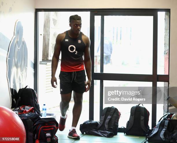 Maro Itoje walks into the gym during the England gym session held at Kings Park Stadium on June 12, 2018 in Durban, South Africa.