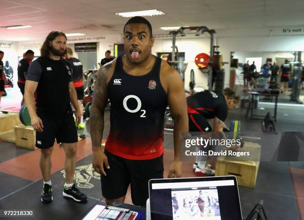 Kyle Sinckler jokes during the England gym session held at Kings Park Stadium on June 12, 2018 in Durban, South Africa.