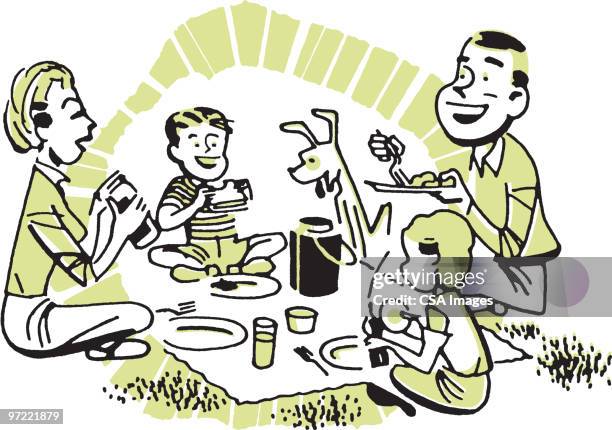 ilustraciones, imágenes clip art, dibujos animados e iconos de stock de picnic - familia comiendo