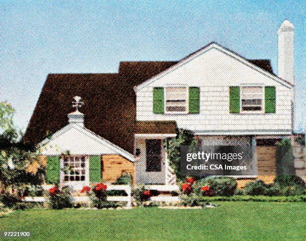 ilustrações de stock, clip art, desenhos animados e ícones de mid-century home - suburbs