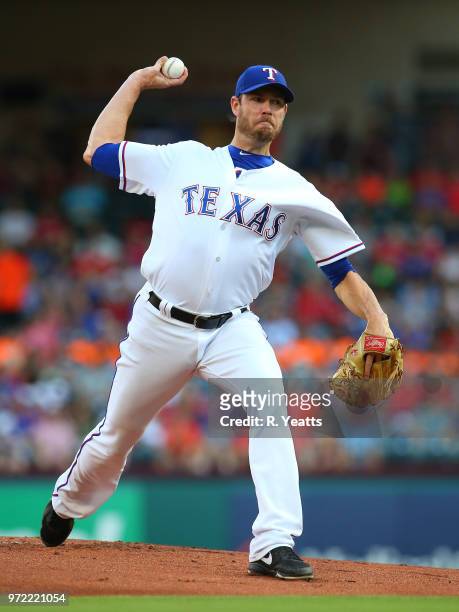 Doug Fister of the Texas Rangers throws in the first inning against the Houston Astros at Globe Life Park in Arlington on June 8, 2018 in Arlington,...