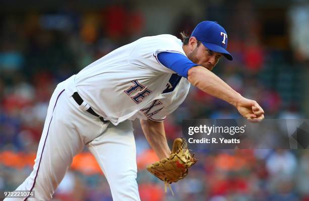 Doug Fister of the Texas Rangers throws in the first inning against the Houston Astros at Globe Life Park in Arlington on June 8, 2018 in Arlington,...