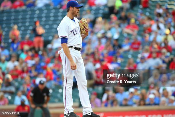 Doug Fister of the Texas Rangers throws in the second inning against the Houston Astros at Globe Life Park in Arlington on June 8, 2018 in Arlington,...