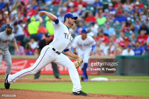Doug Fister of the Texas Rangers throws in the second inning against the Houston Astros at Globe Life Park in Arlington on June 8, 2018 in Arlington,...