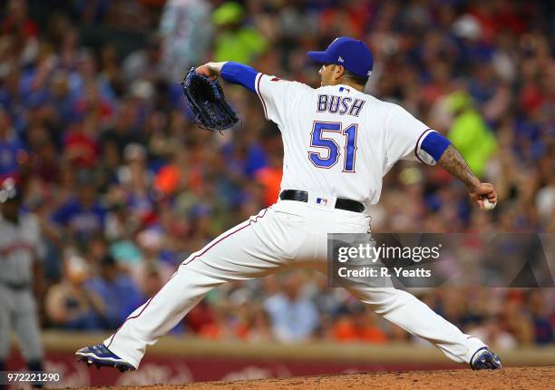 Matt Bush of the Texas Rangers throws in the sixth inning against the Houston Astros at Globe Life Park in Arlington on June 8, 2018 in Arlington,...