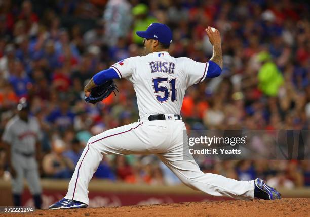 Matt Bush of the Texas Rangers throws in the sixth inning against the Houston Astros at Globe Life Park in Arlington on June 8, 2018 in Arlington,...