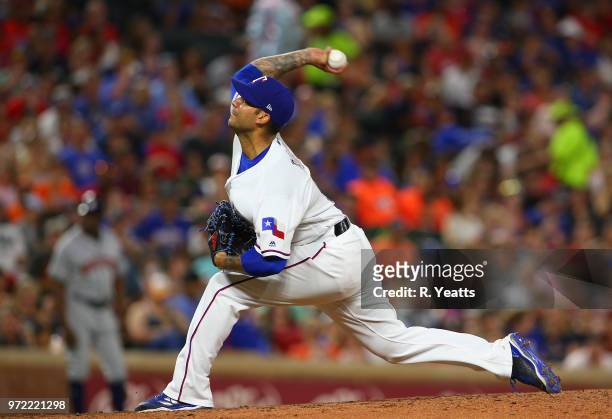 Matt Bush of the Texas Rangers throws in the sixth inning against the Houston Astros at Globe Life Park in Arlington on June 8, 2018 in Arlington,...