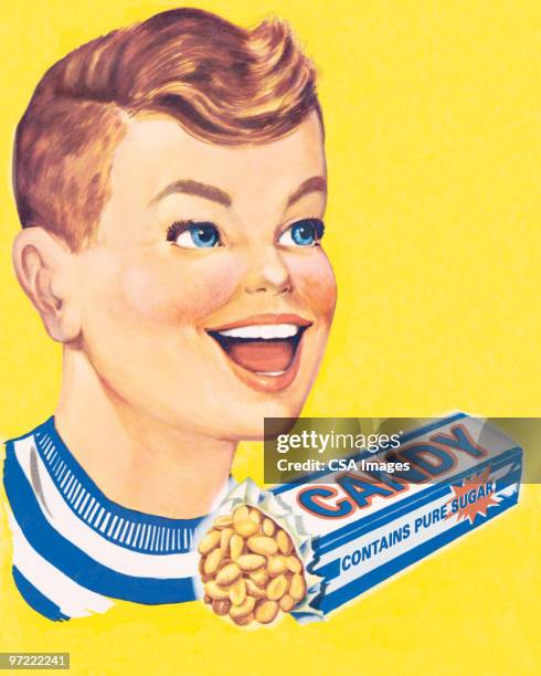 ilustraciones, imágenes clip art, dibujos animados e iconos de stock de happy boy with candy - barra de chocolate