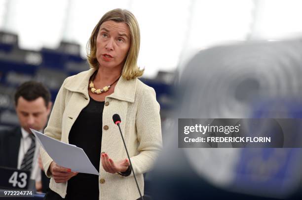 European Union diplomatic chief Federica Mogherini speaks during a debate on the consequences and EUs response to US Presidents withdrawal from the...